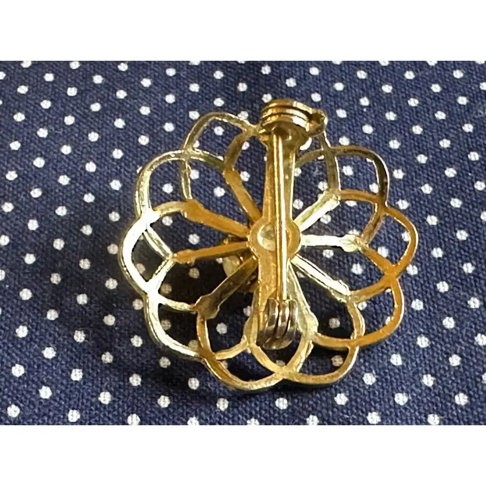 Gold-Tone Floral Pin With Single Pearl Center Vintage Openwork Design Estate